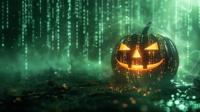 A glowing digital jack-o'-lantern with a friendly grin, covered in binary code and set against a green backdrop, merging Halloween with high-tech aesthetics