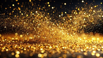 Sparkling gold glitter powder splashes on a black background, creating a mesmerizing texture effect, metallic, luxury