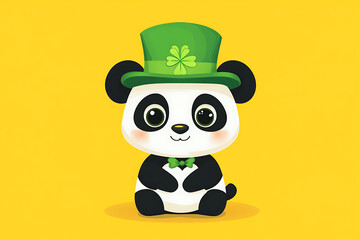 Cute cartoon panda wearing a green top hat and shamrock, set against a vibrant yellow background