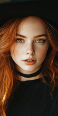 Naklejka premium Enchanting young Caucasian woman with red hair and freckles in artistic portrait