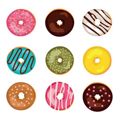 Set of donuts with different toppings, doughnut pastry dessert food set. Top view delicious sweet desserts donut with chocolate glaze. Cartoon vector illustration