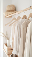 Minimalist wardrobe with neutral clothing and straw hat in soft natural light for modern home decor inspiration