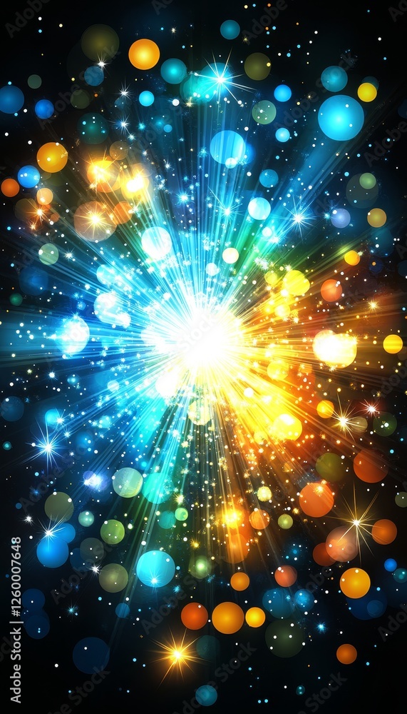 Poster abstract explosion of teal and orange bokeh circles with white specks on a dark background