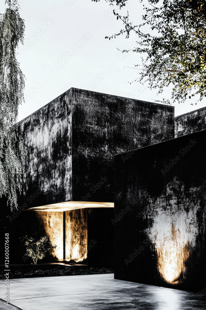 Poster a striking example of modern architecture: a black structure illuminated by subtle lighting, creatin