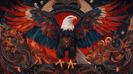 Majestic Bald Eagle with Fiery Wings Soaring in Mythical Landscape