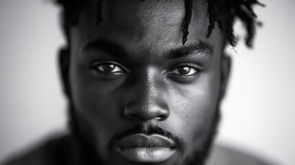Young african american man staring with intense gaze in black and white close up portrait