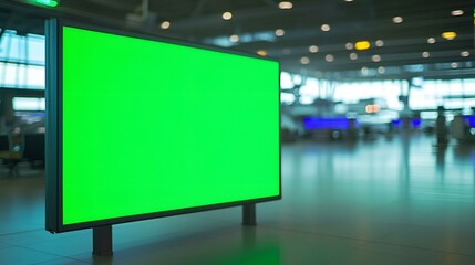 Blank digital screen with green chroma key in a modern airport terminal for customizable advertising display with copy space
