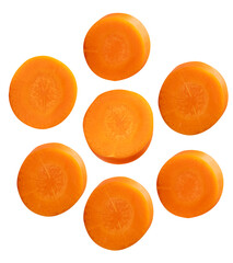 Top view set of beautiful orange carrot slices in set in circle shape isolated on white background with clipping path