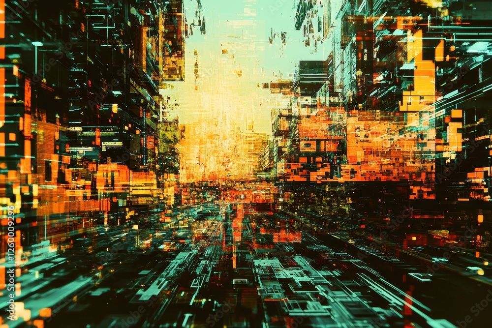 Poster abstract digital cityscape with complex structures and glowing lights