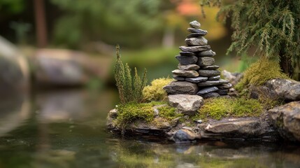 Naklejka premium Miniature Zen garden, stones stacked, moss, pond, nature scene, meditation