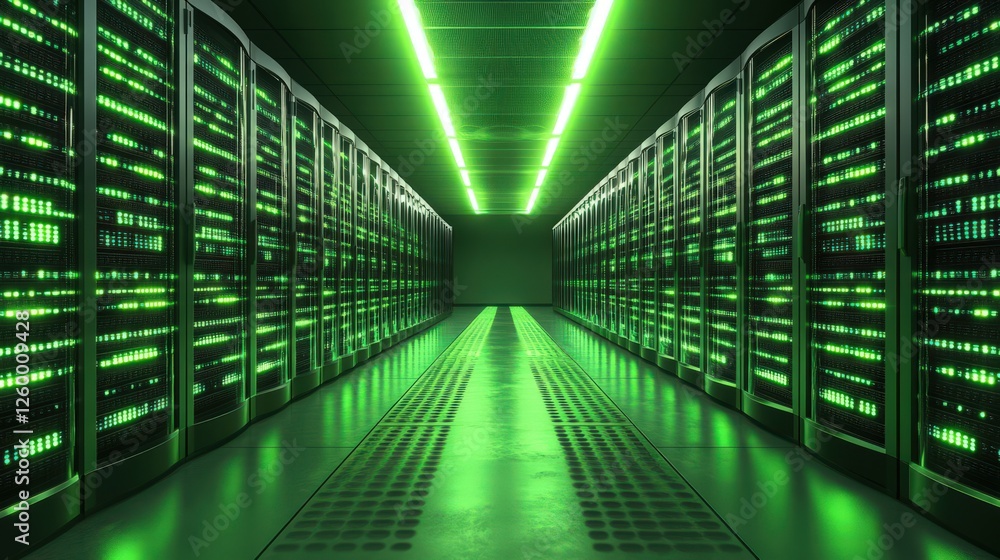 Poster hightech data center with rows of greenlit servers and illuminated aisle for modern computing