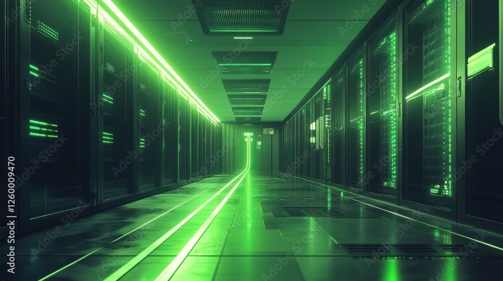 Poster futuristic data center aisle with green lighting and server racks in a hightech environment