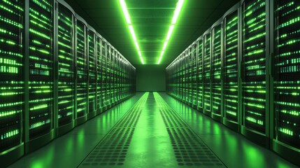 Hightech data center with rows of greenlit servers and illuminated aisle for modern computing