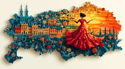 Minimalist map of Spain showcasing flamenco, paella, and Gaudi's architecture