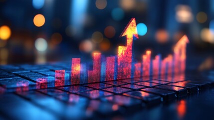 Growing business graph increasing with upward arrow at night