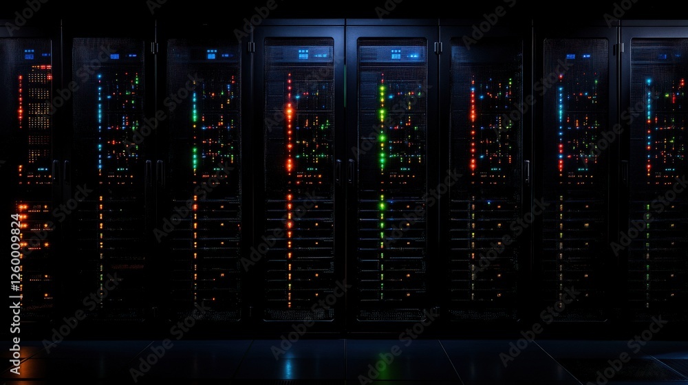 Poster dazzling server room with colorful lights and dark shadows creating a hightech atmosphere