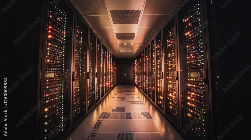 Poster illuminated data center aisle featuring rows of hightech server racks and networking equipment