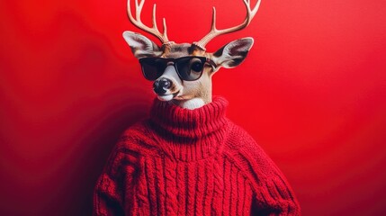 Photo of a deer wearing a santa hat against red background, creating a festive holiday feel.