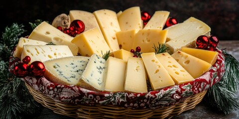 A selection of artisan cheeses in a red and white patterned plate, adorned with holiday berries, ready to be enjoyed.