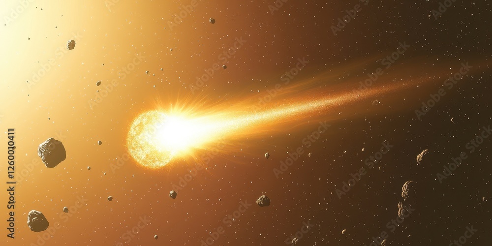 Poster a meteor streaks through space surrounded by asteroids and stardust