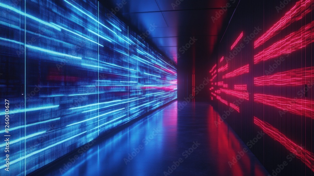 Poster futuristic corridor with pulsing blue and red light stripes creating a dynamic visual experience