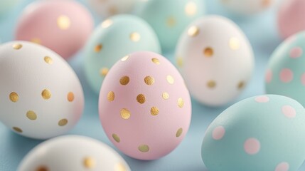 Obraz premium Celebrate Easter with these adorably decorated pastel-colored eggs, featuring gold and pink speckles.
