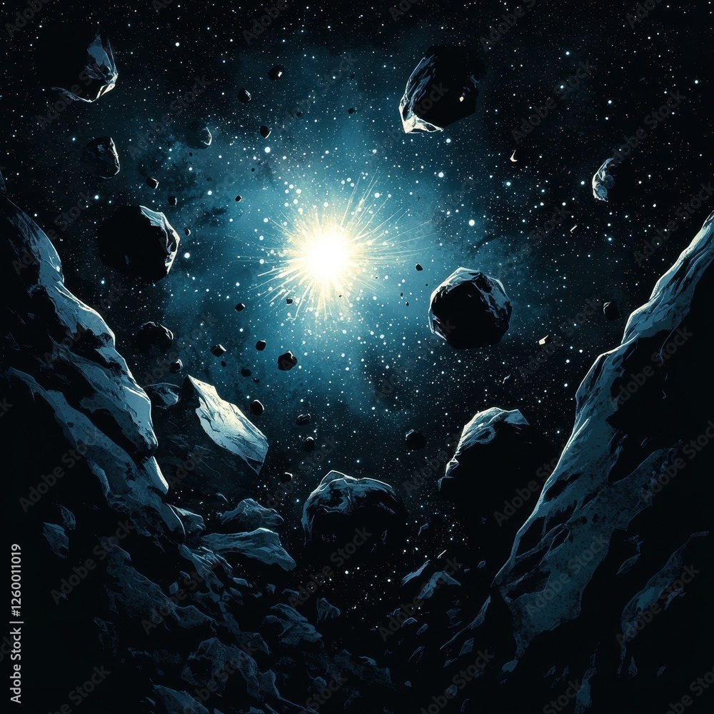 Aufkleber asteroids float in space around a distant shining star