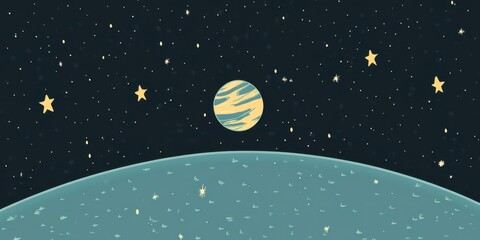 Cartoon style image of a planet landscape and stars