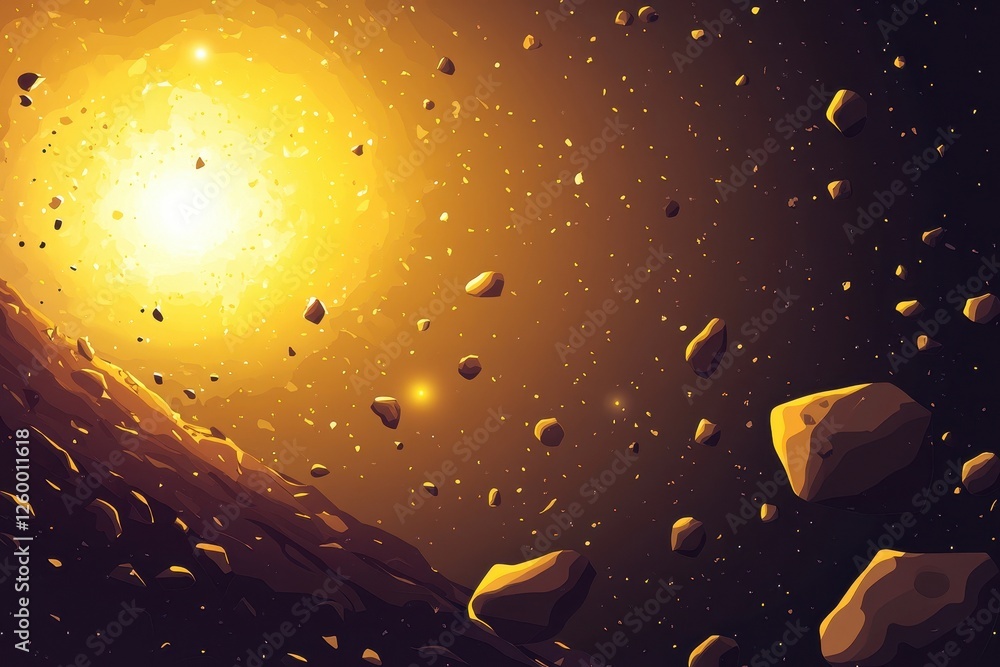 Poster asteroids and rocks float within a golden cosmic nebula