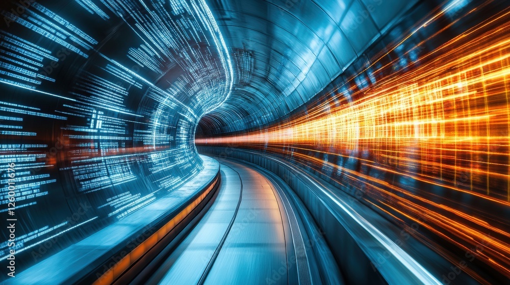 Poster futuristic tunnel with vibrant light trails and digital data flow representing speed and technology