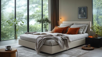 Minimalist adjustable bed setup with cozy bedding and tea in a serene interior