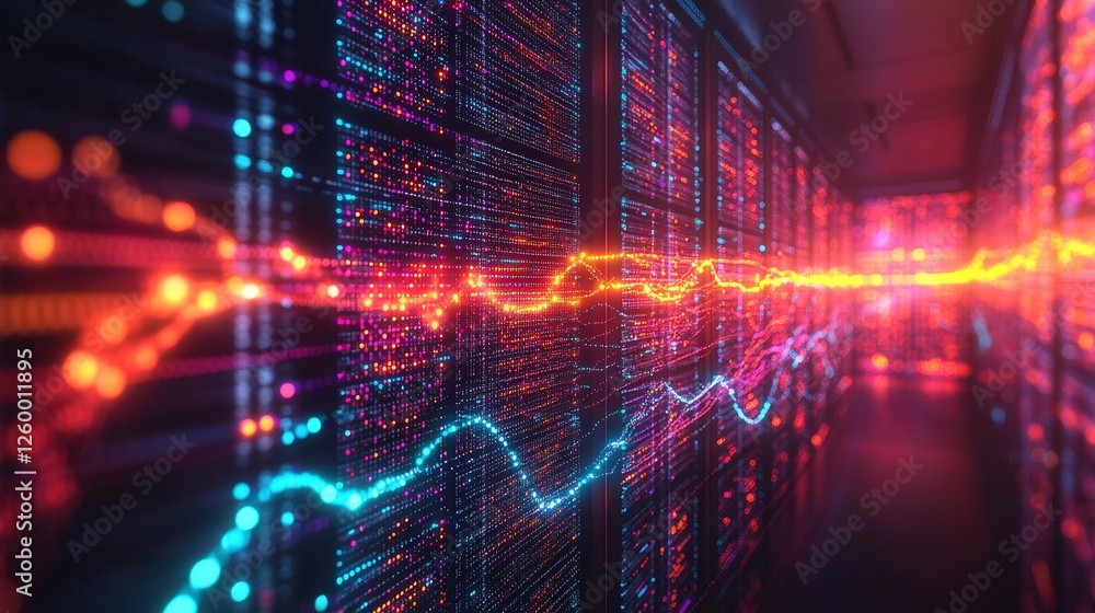 Poster vibrant digital data flow through a hightech server room with colorful light patterns