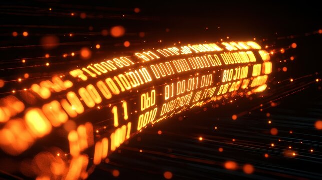 Glowing binary code cylinder, data stream, dark space, futuristic tech