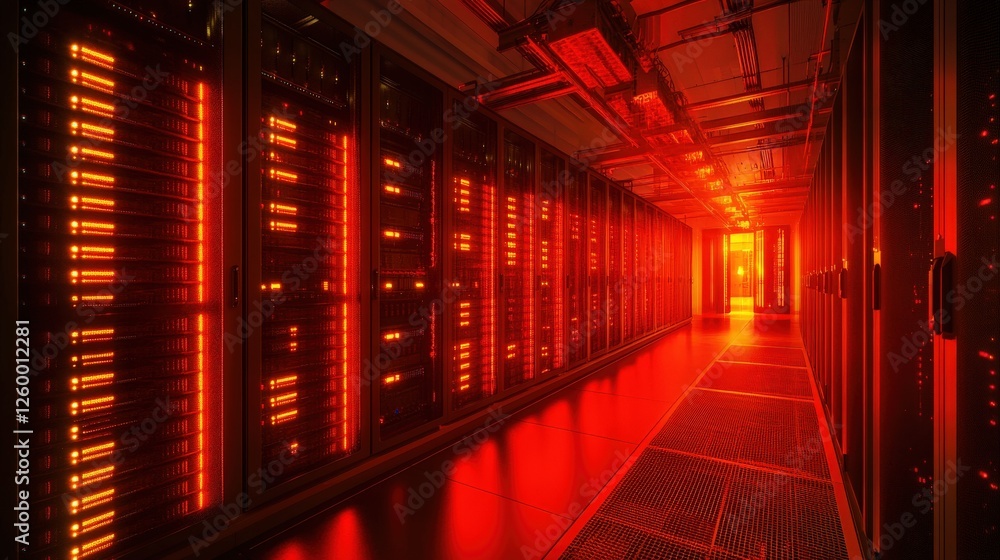 Poster futuristic data center aglow in red lighting with rows of hightech servers and networking equipment