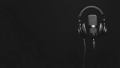 Studio microphone and headphones on black background.