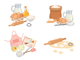 set of baking ingredients. Products and kitchen tools for cooking baking recipes. Cartoon vector illustration