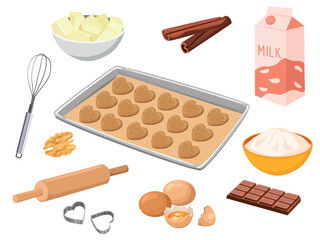 set of baking ingredients. Products and kitchen tools for cooking baking recipes. Cartoon vector illustration