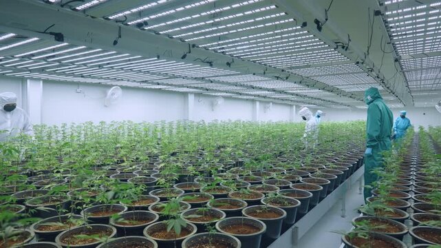 An expertise workers in laboratory coat monitoring humidity control for a young healthy plants in small pots. Commercial organic cannabis grow up production. Alternative quality medical hemps