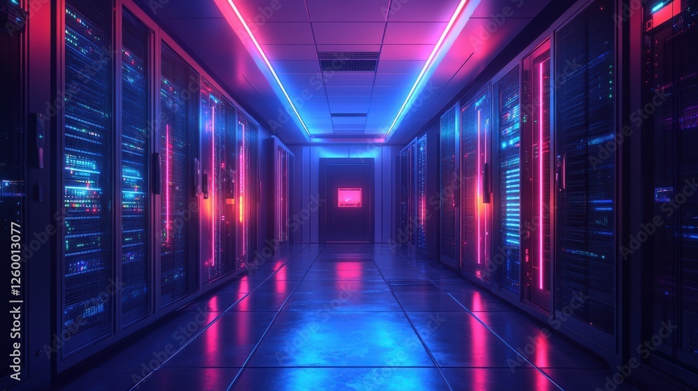 Poster futuristic data center aisle with neon lighting and hightech server racks in a dark environment