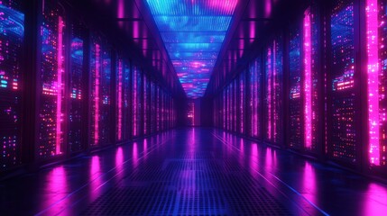 Futuristic data center with neon lights and reflective floor in cyberpunk style atmosphere