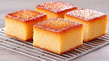 Golden sponge cakes cooling on rack, kitchen setting, food photography, recipe website use