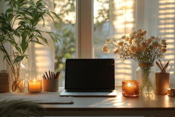 Fototapeta premium Laptop, plants, candles, sunrise workspace