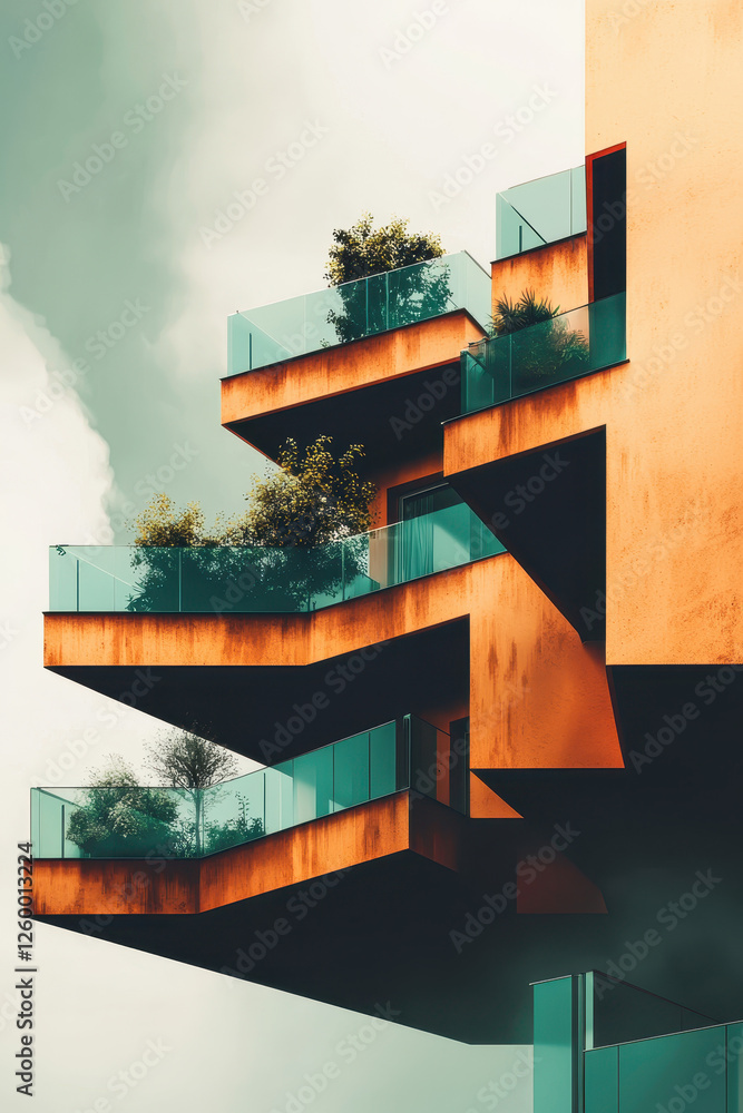Poster exploring innovative architectural designs: a modern building with green balconies and unique struct