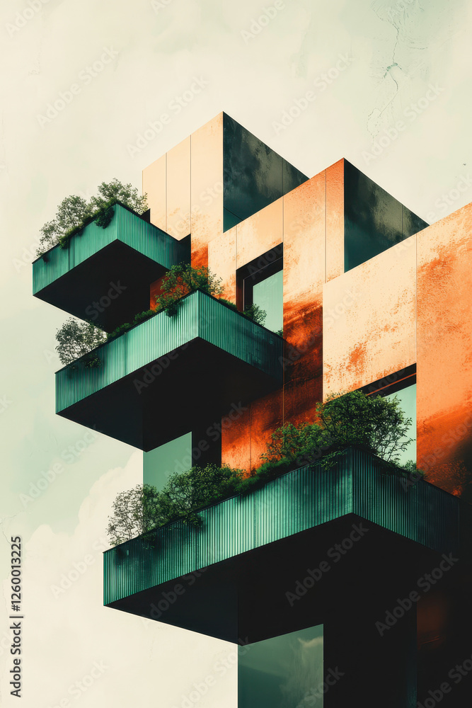 Poster innovative architecture: a fusion of modern design and nature with striking textures and bold geomet