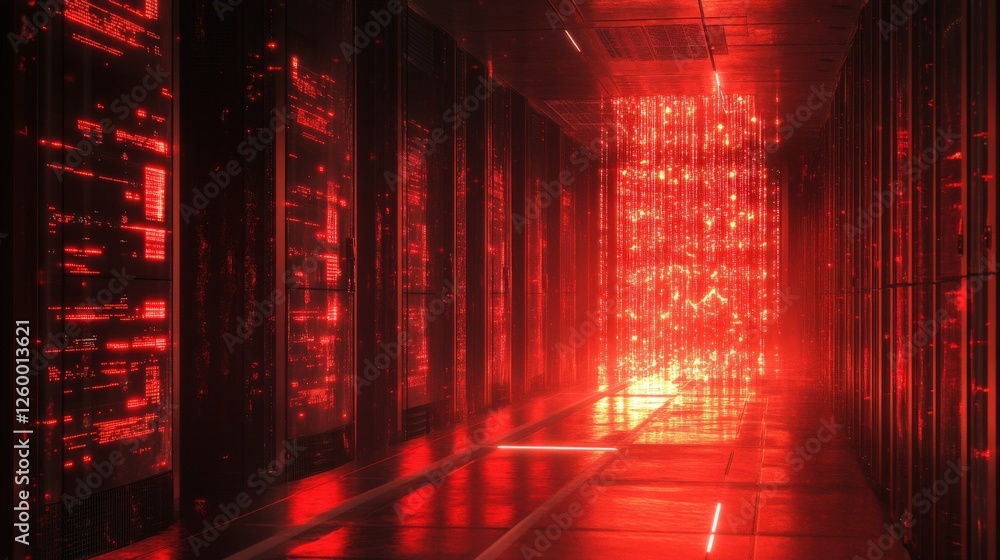 Poster futuristic data center with glowing red lights and hightech server racks in a cyber environment