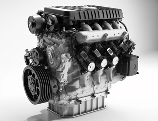 Fototapeta premium A detailed view of the vehicle engine, highlighting its components like cylinder heads, intake manifold, and various pulleys, showcasing engine design and mechanics.