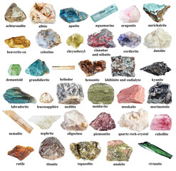 specimens of raw minerals with names cut out