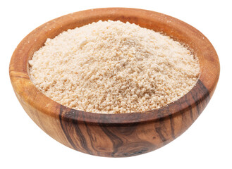 Cassava flour or manioc flour in wooden bowl on white background. File contains clipping path.