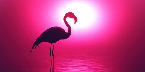 Fototapeta premium Silhouetted flamingo stands elegantly amidst vibrant pink sunrise scenery