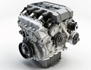 Fototapeta premium A detailed view of the vehicle engine, highlighting its components like cylinder heads, intake manifold, and various pulleys, showcasing engine design and mechanics.